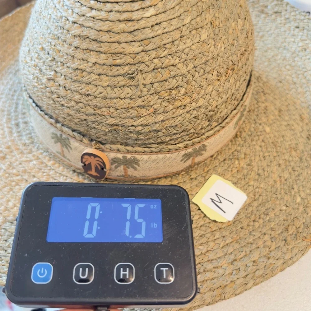 Scala Collection Straw Sun Hat Tan Wide Brim Palm Tree Embroidered Band Coastal